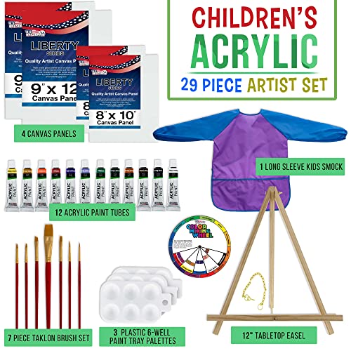 U.S. Art Supply 29-Piece Children's Acrylic Paint Artist Set with 12 Paint Colors, 7 Brushes, 12" Easel, 4 Canvas Panels, 3 Painting Palettes, Color - WoodArtSupply