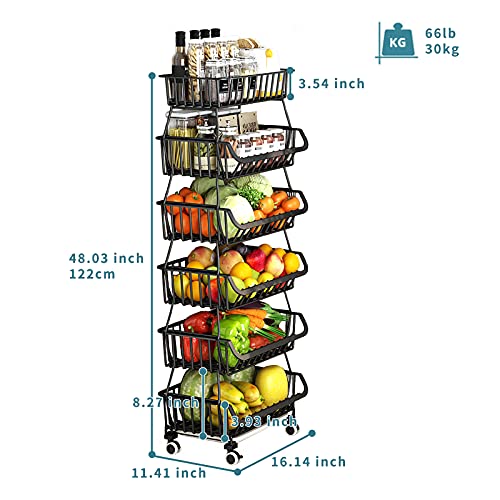 KOLENSA Metal Wire Baskets with Wheels, Stackable Storage Bins Kitchen Organizer Shelf 3-4-5-6 Tier Fruit Vegetable Cart Dishes Seasonal Rack Shelves