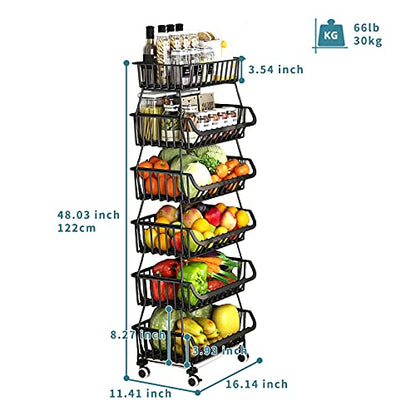 KOLENSA Metal Wire Baskets with Wheels, Stackable Storage Bins Kitchen Organizer Shelf 3-4-5-6 Tier Fruit Vegetable Cart Dishes Seasonal Rack Shelves