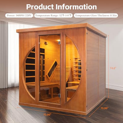 TaTalife Infrared 2 Person Wooden Sauna Room, Luxurious Red Cedar Sauna with Recliner, 3400W Dry Heat Sauna for Home, 9 Heating Panels, Bluetooth