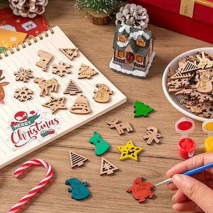 300 Pieces Christmas Unfinished Mini Wooden Ornaments Christmas DIY Mini Wood Blank Cutouts Christmas Tree Painting DIY Craft for Xmas Decorations