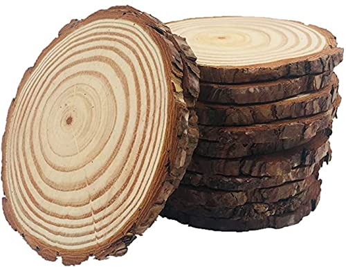 10pcs Wood Slices 4-4.7 inch Unfinished Natural with Tree Barks Diameter Large Circle Rustic Wedding Centerpiece Disc Coasters Christmas Ornaments - WoodArtSupply