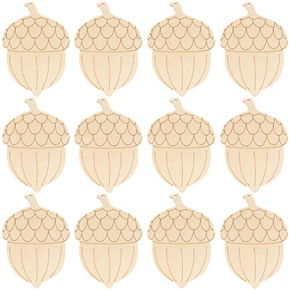 25 Pieces Thanksgiving Unfinished Wooden Cutouts Wooden Acorn Pine Cones Shaped Ornaments Wood DIY Crafts Gift Tags with Hemp Ropes for Fall Harvest