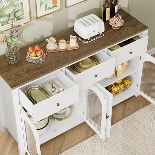 finetones Buffet Cabinet with Storage, 55.1" Large Sideboard Buffet Cabinet, Farmhouse Kitchen Cabinet Display Cabinet with 3 Drawers and 4 Doors, finetones