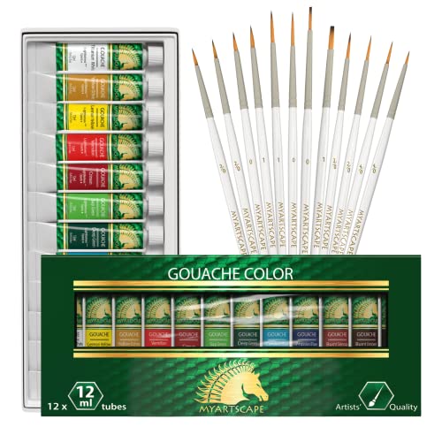 MyArtscape Supplies Paint Set - Gouache 12 x 12ml Paint Tubes with Miniature Paint Brushes, Set of 12 for Detail & Fine Point Painting MyArtscape