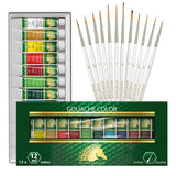 MyArtscape Supplies Paint Set - Gouache 12 x 12ml Paint Tubes with Miniature Paint Brushes, Set of 12 for Detail & Fine Point Painting MyArtscape