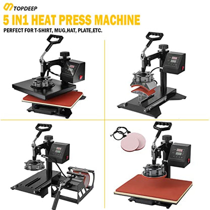 TOPDEEP 5 in 1 Heat Press Machine, Swing Away T Shirt Pressing Machine Multifunction, Heat Press 12x10 inch Transfer Machine Sublimation Combo for