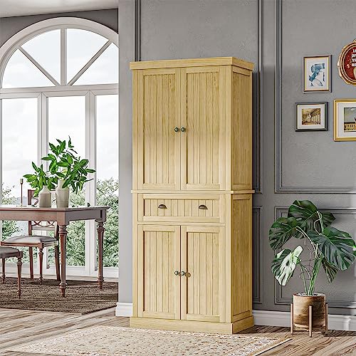 HOMCOM 72" Pinewood Large Kitchen Pantry Storage Cabinet, Freestanding Cabinet with Doors and Shelf Adjustability, Soft-Close Mechanism, Living Room - WoodArtSupply