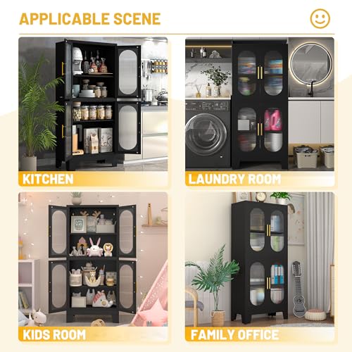 RISTERN Black Metal Storage Cabinet, Kitchen Pantry Storage Cabinet with Doors and 3 Shelves(2 Adjustable), Floor Office Storage Cabinet for Kitchen, RISTERN