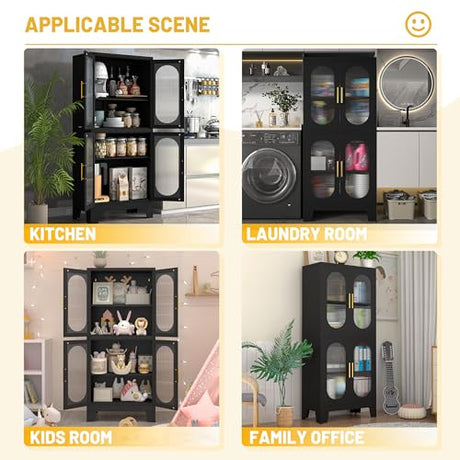 RISTERN Black Metal Storage Cabinet, Kitchen Pantry Storage Cabinet with Doors and 3 Shelves(2 Adjustable), Floor Office Storage Cabinet for Kitchen, RISTERN