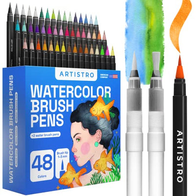 ARTISTRO Watercolor Brush Pens, 48 Colors Set + 2 Water Brush Pens. Unique Vivid Colors. Real Brush Pens for Artists and Adults. Great for Creating