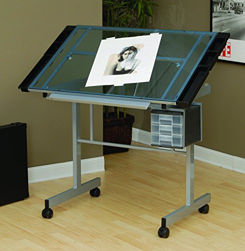 Studio Designs Vision Craft and Drawing Station - 35.5" W by 23.75" D Silver-Blue Glass Top Drafting Table with Pencil Drawers, Side Trays, & SD Studio Designs