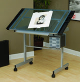 Studio Designs Vision Craft and Drawing Station - 35.5" W by 23.75" D Silver-Blue Glass Top Drafting Table with Pencil Drawers, Side Trays, & SD Studio Designs