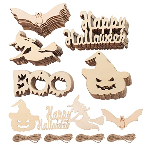 Ciieeo 50Pcs Halloween Wood Chips Ghost Wood Chips Unfinished Wooden Cutouts Unfinished Wood Slices Wooden Gift Tags Wood Jack o Lantern Cutouts Ciieeo