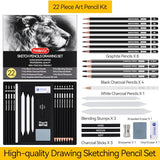 PANDAFLY Drawing Sketching Pencil Set, 22 Piece Pro Art Pencil Kit - Graphite Pencils (12B-2H), Black and White Charcoal Pencils, Charcoal Sticks, PANDAFLY