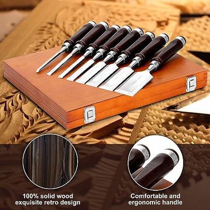 Wood Chisel Set (8 pcs),Carpentry Chisel With Wooden Storage Case,Sharpening Stone, Honing Guide & Protective Caps,Premium Set of Wood Chisel,Wood - WoodArtSupply