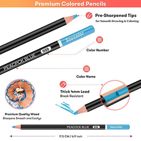 Soucolor 180-Color Artist Colored Pencils Set for Adult Coloring Books, Soft Core, Professional Numbered Art Drawing Pencils for Sketching Shading Soucolor
