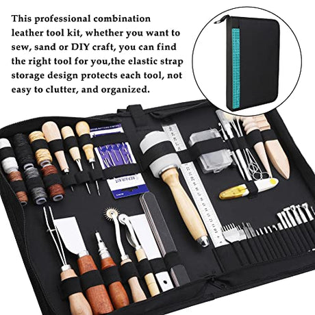 Leather Craft Tools, 60 Pieces Leather Working Tools and Supplies with Storage Bag Cutting Mat Prong Punch Groover Edge Creaser Stamping Carving BAGERLA