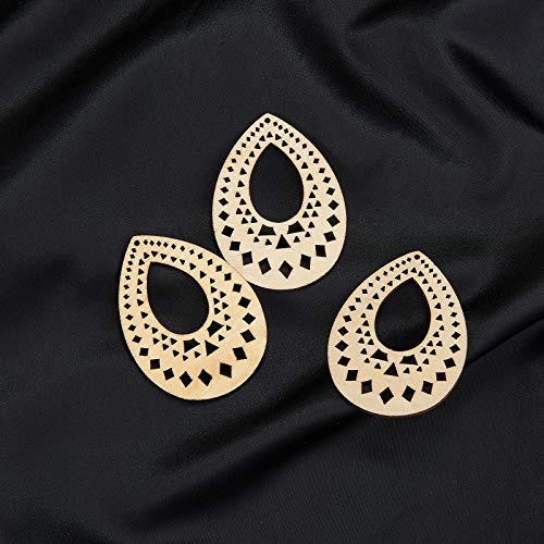 LiQunSweet 10 Pcs 2.7 Inches Vintage Unfinished Undyed Wood Cutout Carved Big Pendant Wooden Water Drop Teardrop Wheat Original Color for Dangle