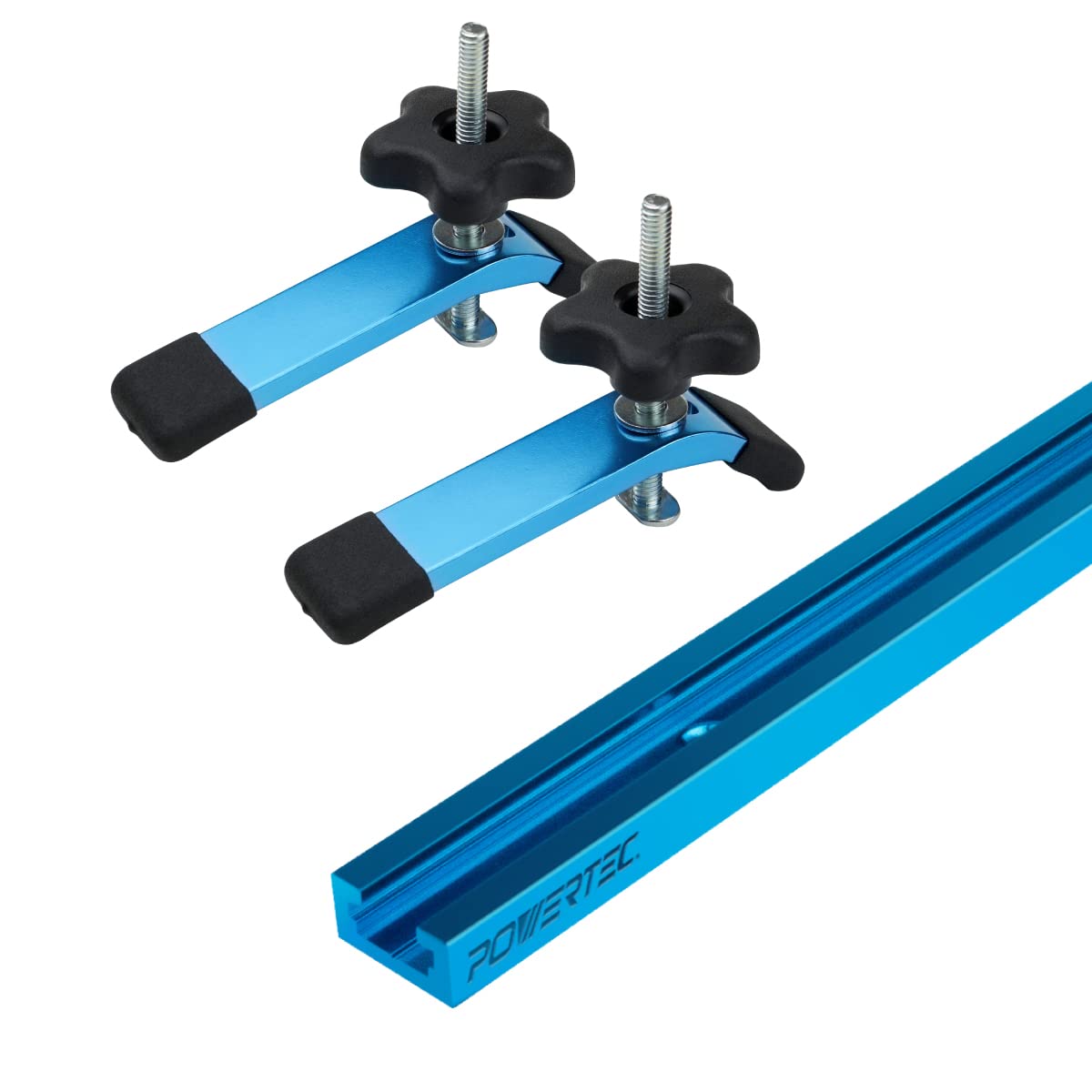 POWERTEC 71169 48-Inch Universal T-Track with 2 Hold-Down Clamps, anodized blue POWERTEC