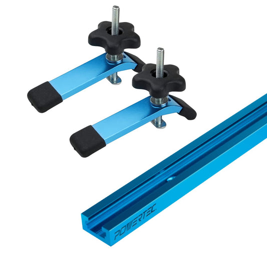 POWERTEC 71169 48-Inch Universal T-Track with 2 Hold-Down Clamps, anodized blue - WoodArtSupply