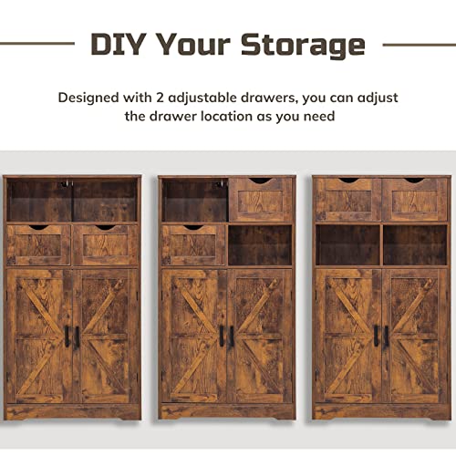 WEENFON Floor Storage Cabinet with 2 Adjustable Drawers & 2 Barn Doors, Standing Cupboard with 2 Shelf, for Living Room, Home Office, Kitchen, Rustic WEENFON