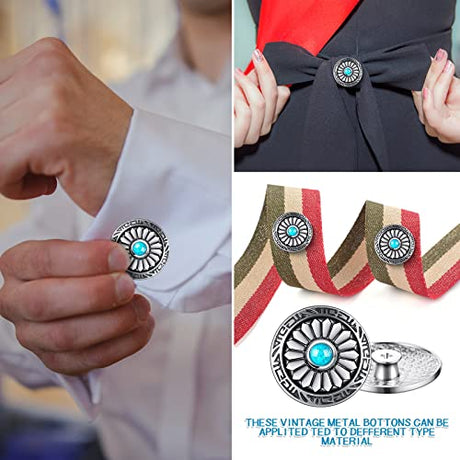 Janinka 24 Pcs Faux Turquoise Round Conchos Sunflower Decorative Buckle Metal Sunflower Buttons Screw Back Buttons for DIY Craft Leather Belt, Silver Janinka