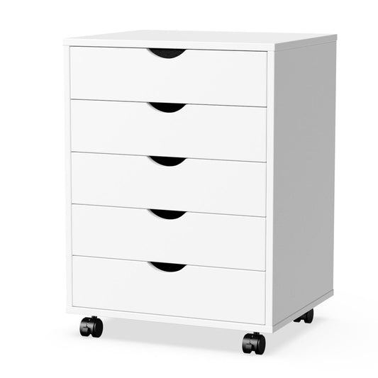 OLIXIS 5 Drawer Chest Wood File Cabinet Rolling Storage Dresser with Wheels for Home Office, White - WoodArtSupply