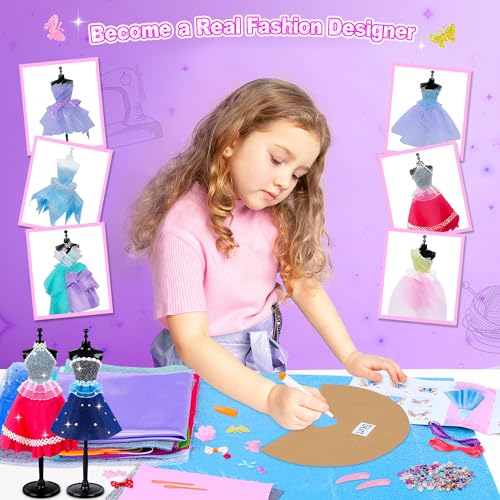 Cate Craft Fashion Design Sewing Kit for Kids, DIY Kids Fashion Design Kit for Making Doll Clothes, Complete with A 12-Inch Doll, 2 Mannequins, Fabric
