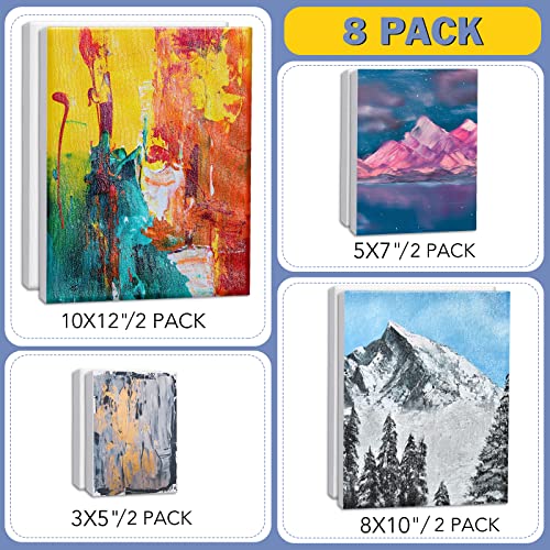 Stretched Canvases for Painting, 8PCS Multi Pack Canvas 3×5”, 5×7”, 8×10”, 10×12”(2 of Each), Acid-Free Wood Frame Blank Canvas, Art Canvas Pre - WoodArtSupply