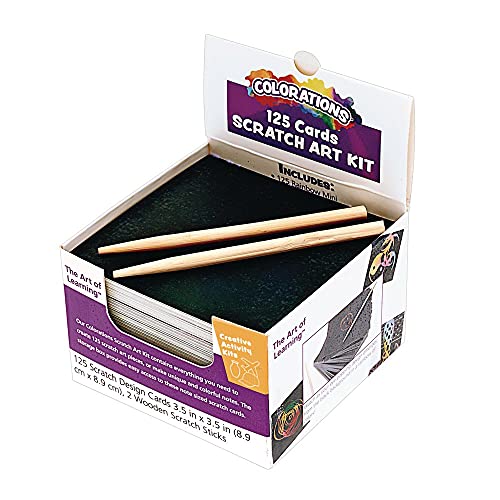 Colorations Scratch Art Kit, 125 Mini Notes, Arts & Crafts, for Kids, 3.25 inch x 3.25 inch Notes, Desktop Dispenser - WoodArtSupply