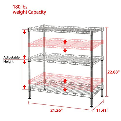 SINGAYE 3 Shelf Wire Shelving Unit Adjustable Storage Shelving Shelves for Laundry Bathroom Kitchen Office Pantry Room, 21.26”W x 11.41”D x 22.83”H - WoodArtSupply