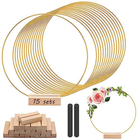 15Pcs 12 Inch Metal Floral Hoop Centerpiece with 15 PCS Wood Place Card Holders and Adjustable Foot Pads, Gold Wreath Macrame Hoop Rings Decorations trophable