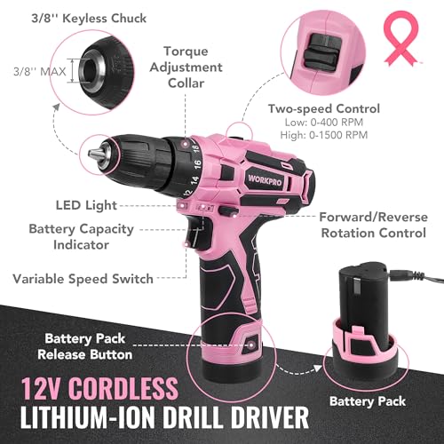 WORKPRO Pink Tool Set with Power Drill, 108PCS Portable Ladies Pink Drill Kit for Home with Toolbox and Pink Hammer, 1.5 Ah Cordless Drills with WORKPRO