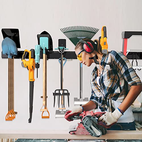 Sttoraboks Garage Tool Storage Rack, Heavy Duty Garage Storage Organizer Rack System Wall Mounted Tool with 6 double hooks, 2 rails, Garden Yard Sttoraboks