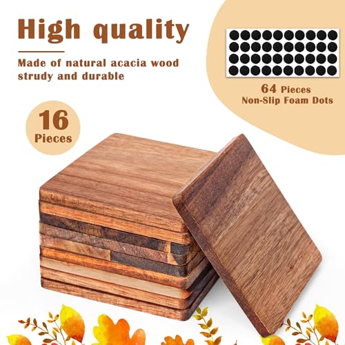 16 Pieces Unfinished Wood Coasters, 4 Inch Square Acacia Wooden Coasters for Crafts with Non-Slip Silicon Dots for DIY Stained Painting Wood Aweyka