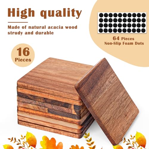 16 Pieces Unfinished Wood Coasters, 4 Inch Square Acacia Wooden Coasters for Crafts with Non-Slip Silicon Dots for DIY Stained Painting Wood Engraving Home Decoration