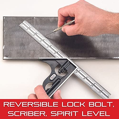 Starrett Steel Combination Square with Square Head - 12" Blade Length, Forged and Hardened Steel Heads, Reversible Lock Bolt, Scriber, 4R Graduation Starrett