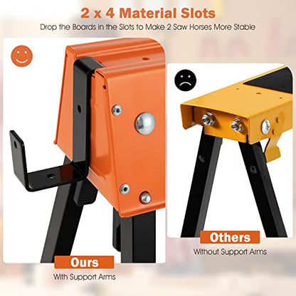 Goplus Folding Sawhorses Twin Pack, Portable Saw Horses with 2x4 Support Arms, 1322 LB Capacity, Heavy Duty Table Stand with Easy Grip Handles, - WoodArtSupply