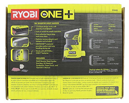 Ryobi P440 One+ 18V Lithium Ion 12,000 RPM 1/4 Sheet Palm Sander w/ Onboard Dust Bag and Included Sanding Pads (Battery Not Included, Power Tool