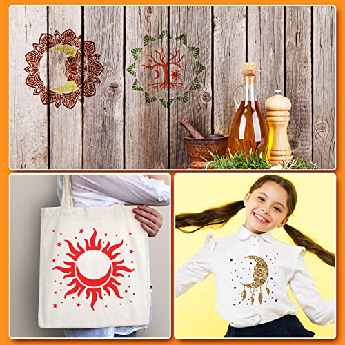 9 Pieces Mandala Sun and Moon Stencil Flower Star Stencils Reusable Painting Templates with Metal Open Ring for DIY Scrapbooks on Wood Wall Home Decor Supply