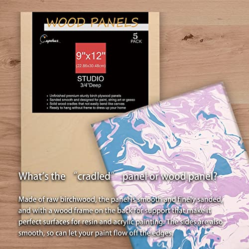 Unfinished Birch Wood Boards Canvas for Painting, 5 Packs 3/4’’ Deep Cupohus 9’’ x 12’’ Wooden Cradled Panels for Pouring Art, Crfats, Paints and Cupohus
