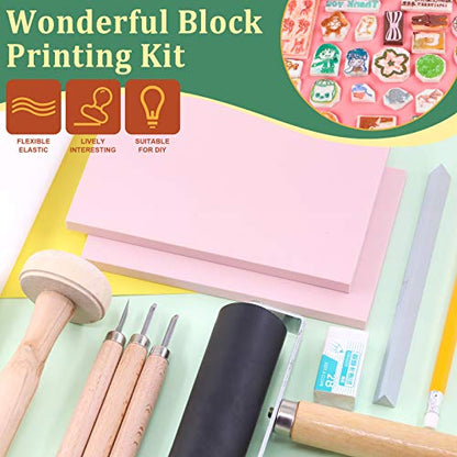 Keadic 41 Pieces Rubber Stamp Making Kit, Includes 2 Rubber Stamps Carving Blocks, 3 Carving Tools & Whetstone, Tracing Papers, Brayer Roller, Block - WoodArtSupply