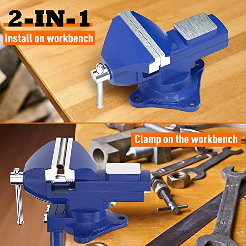 Shangyoyi 2-in-1 Bench Vise For Workbench 3.2"- Multi-functional Portable 360° Swivel Base Clamp On Vice/Table Vise For Woodworking, Cutting Conduit, - WoodArtSupply