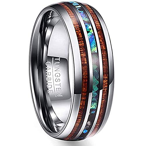 Vakki Abalone Shell Tungsten Rings for Men Women 8mm Hawaiian Wood Wedding Bands Size 14 Vakki