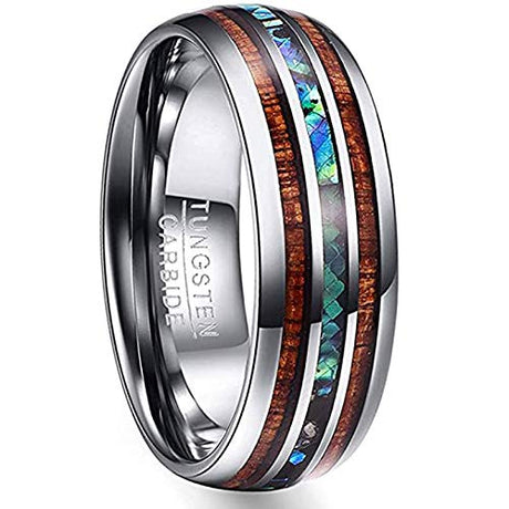 Vakki Abalone Shell Tungsten Rings for Men Women 8mm Hawaiian Wood Wedding Bands Size 14 Vakki