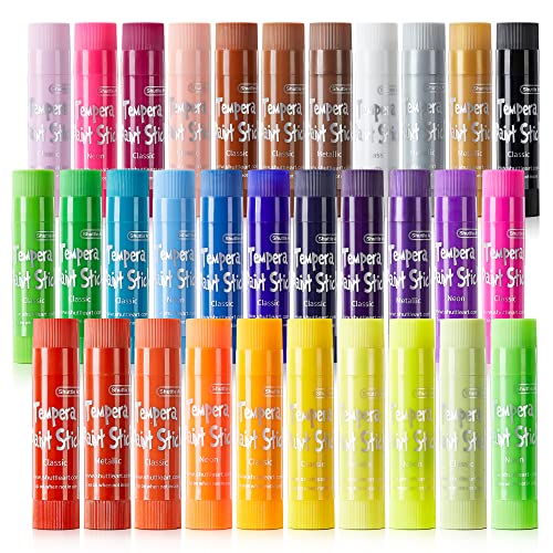 Tempera Paint Sticks, 32 Colors Solid Tempera Paint for Kids, Super Quick Drying, No-Toxic, Works Great on Paper Wood Glass Ceramic Canvas Shuttle Art