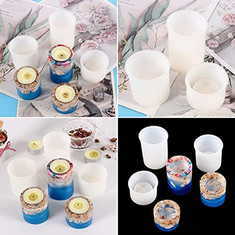 Actvty Tealight Candle Holder Resin Molds, Set of 3 Cylindrical Candlestick Epoxy Casting Silicone Molds for Resin DIY Crystal Votive Candle Holders Actvty