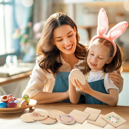 Hushee 96 Pcs Unfinished Wood Coasters 4 Inch Blank Wooden Coasters for Crafts with Non Slip Foam Pad Stickers Wooden Craft Coasters for DIY Stained Hushee