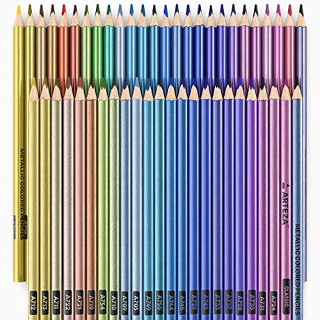 ARTEZA Metallic Colored Pencils for Adult Coloring, Set of 50 Drawing Pencils, Triangular Grip, Pre-Sharpened Pencil Set, Professional Art Supplies ARTEZA